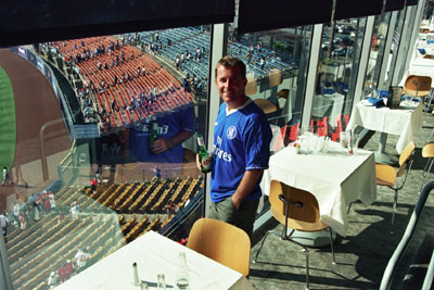 Stacey Howard...best son-in-law on earth...enjoying a Stella in the Stadium Club at Dodger Stadium.  And, yes, he is a Chelsea Football Club fan!