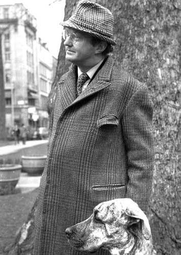 Auberon Waugh and hired Great Dane in Soho Square - at the time of the Jeremy Thorpe scandal in the 1970's.