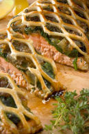 Salmon en croute with crisp green salad.