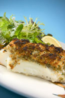 Cod with an Anchovy crust, served with dauphinois potatoes.