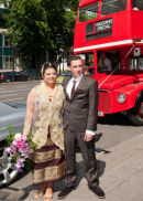 Outside with wedding special London Bus