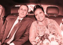 Bride and Groom in Limo (split tone colour)