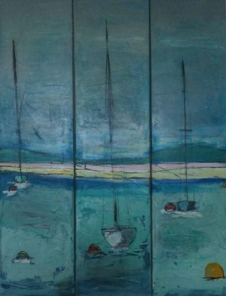 Three moored boats , slack tide