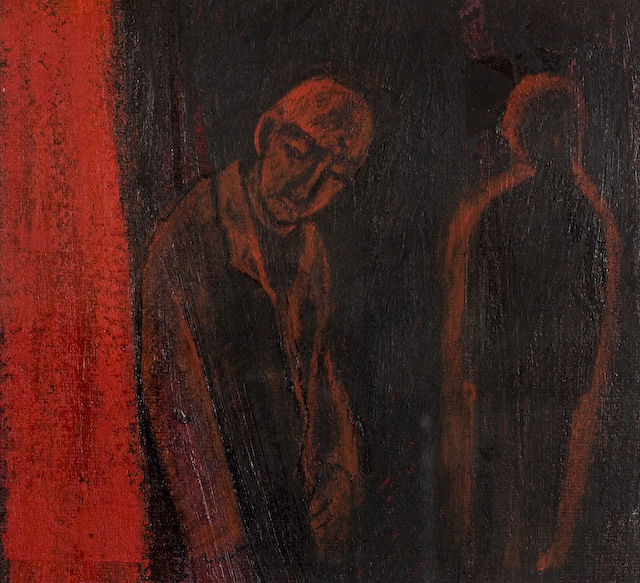 By the red wall.
2006. oil on canvas. 17 x 14cm. �150